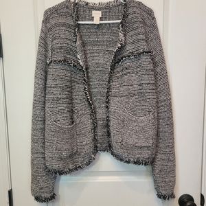 Women 2X Jacket Metallic tweed black white silver fringed jacket CHICO